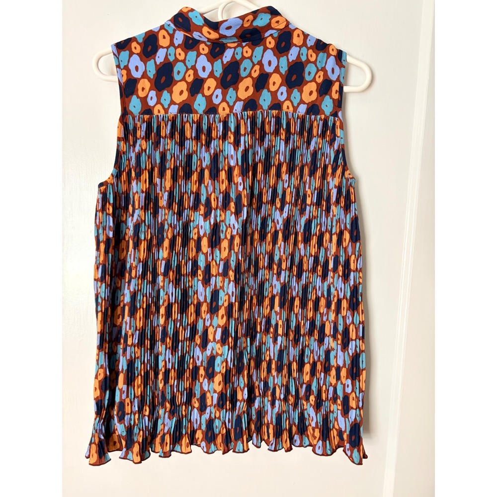Wildfang The Empower Plisse Button Up Sleeveless Top Abstract Floral Orange Blue - Picture 5 of 5
